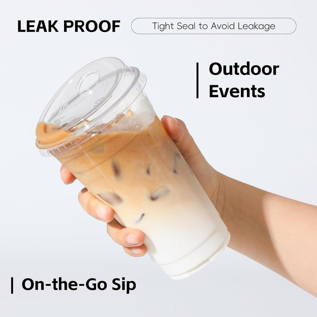 100 Pack 24 oz Disposable Plastic Cups With Strawless Sip-Lids, Clear Plastic Iced Coffee Cups Go for Drinks, Bubble