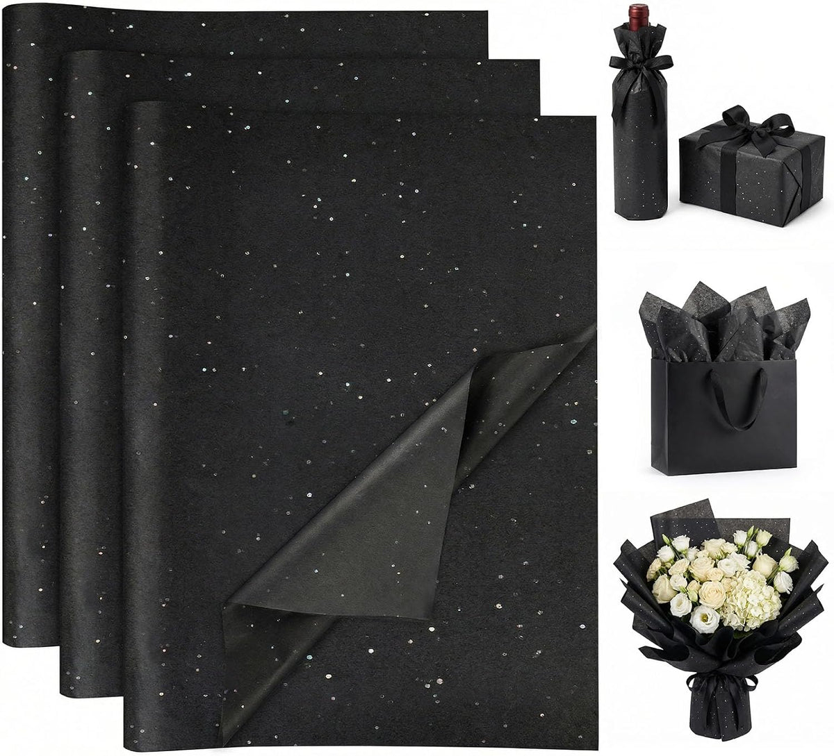 120 Sheets Black Glitter Tissue Paper, 20 X 14 inch