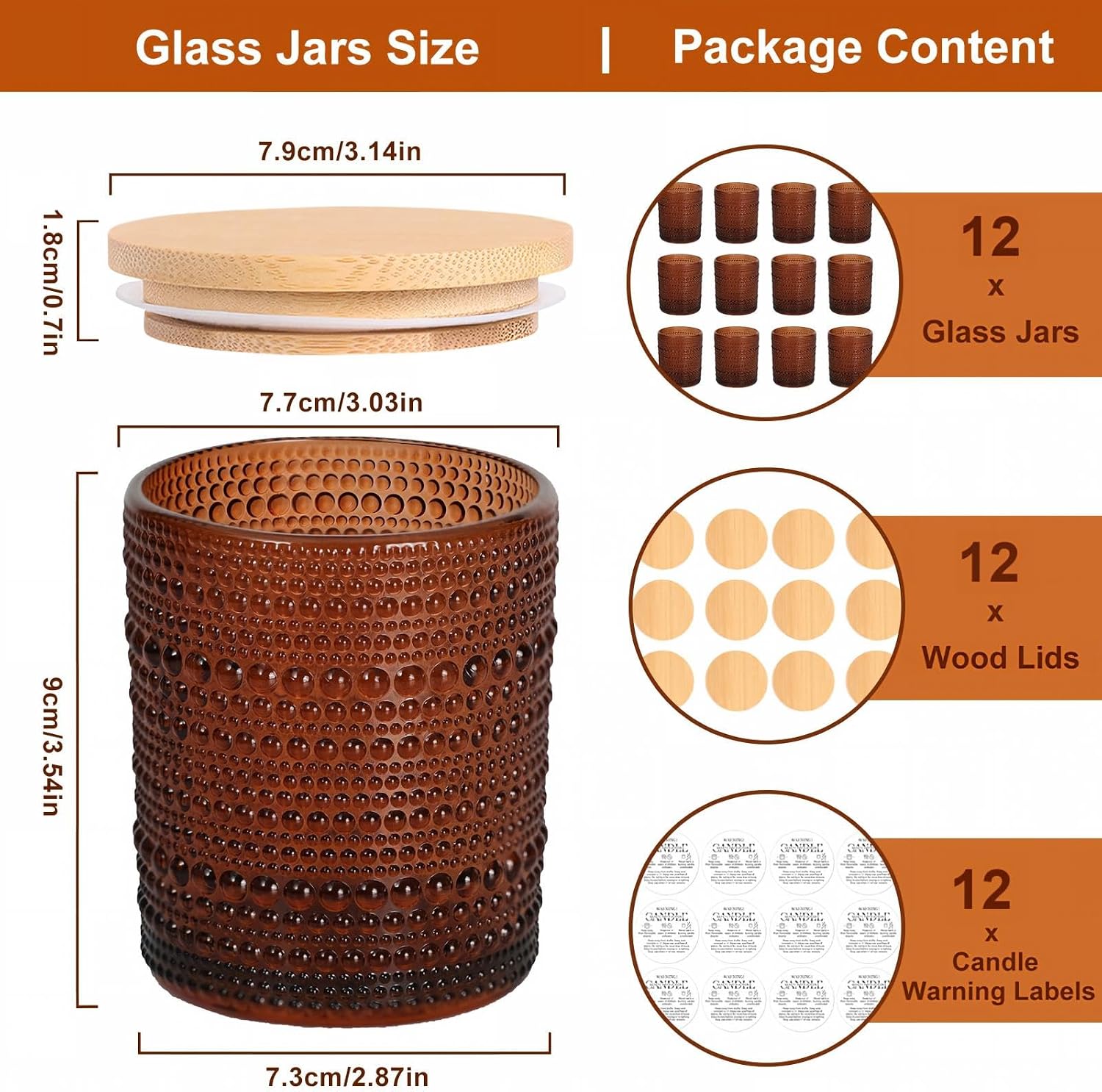 12 Pcs 10 oz Glass Candle Jars with Lids, Candle Tins-Amber | Thick Wall Ribbed Glass, Airtight Wood Lids- The go to