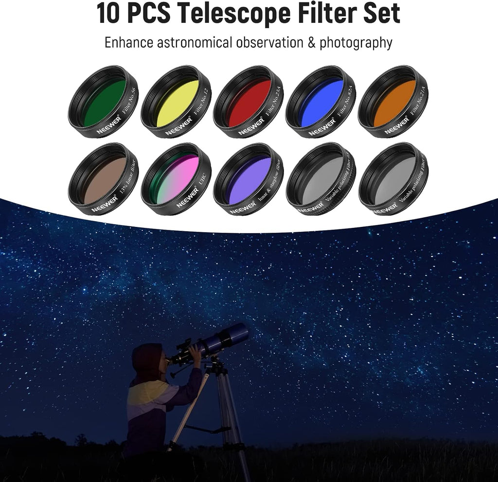 1.25' Telescope Eyepiece Filter Set (10 Pack), Including Planetary, Variable, UHC, Lunar & Starglow Filters for Moon