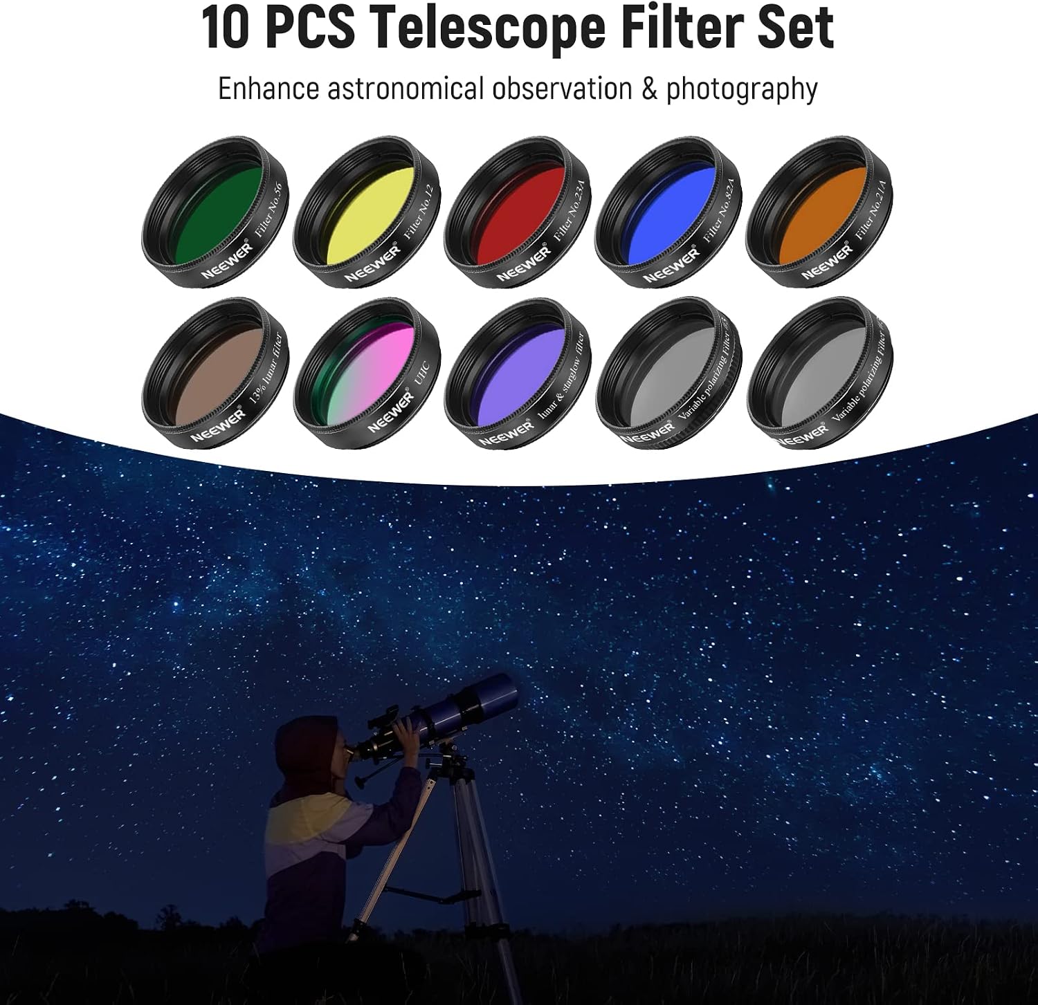 1.25' Telescope Eyepiece Filter Set (10 Pack), Including Planetary, Variable, UHC, Lunar & Starglow Filters for Moon