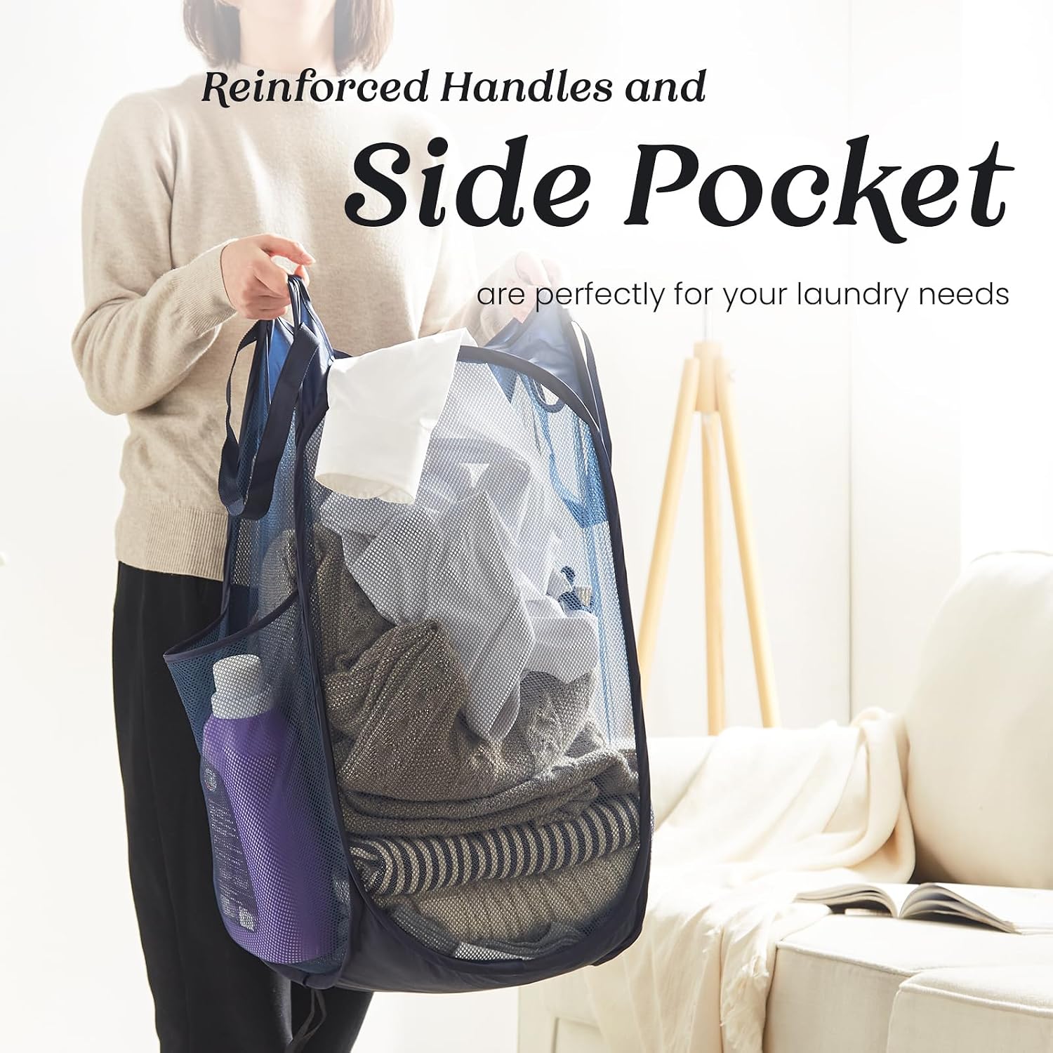 Collapsible Mesh Laundry Basket with Side Pocket & Sturdy Handles | 60L, breathable and quick-drying, pops up