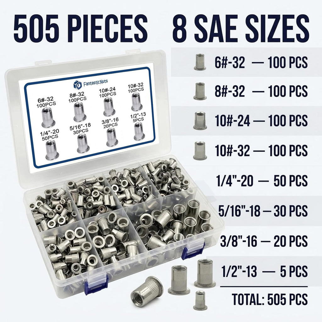 505 Pcs Stainless Steel SAE Rivet Nut Assortment Kit