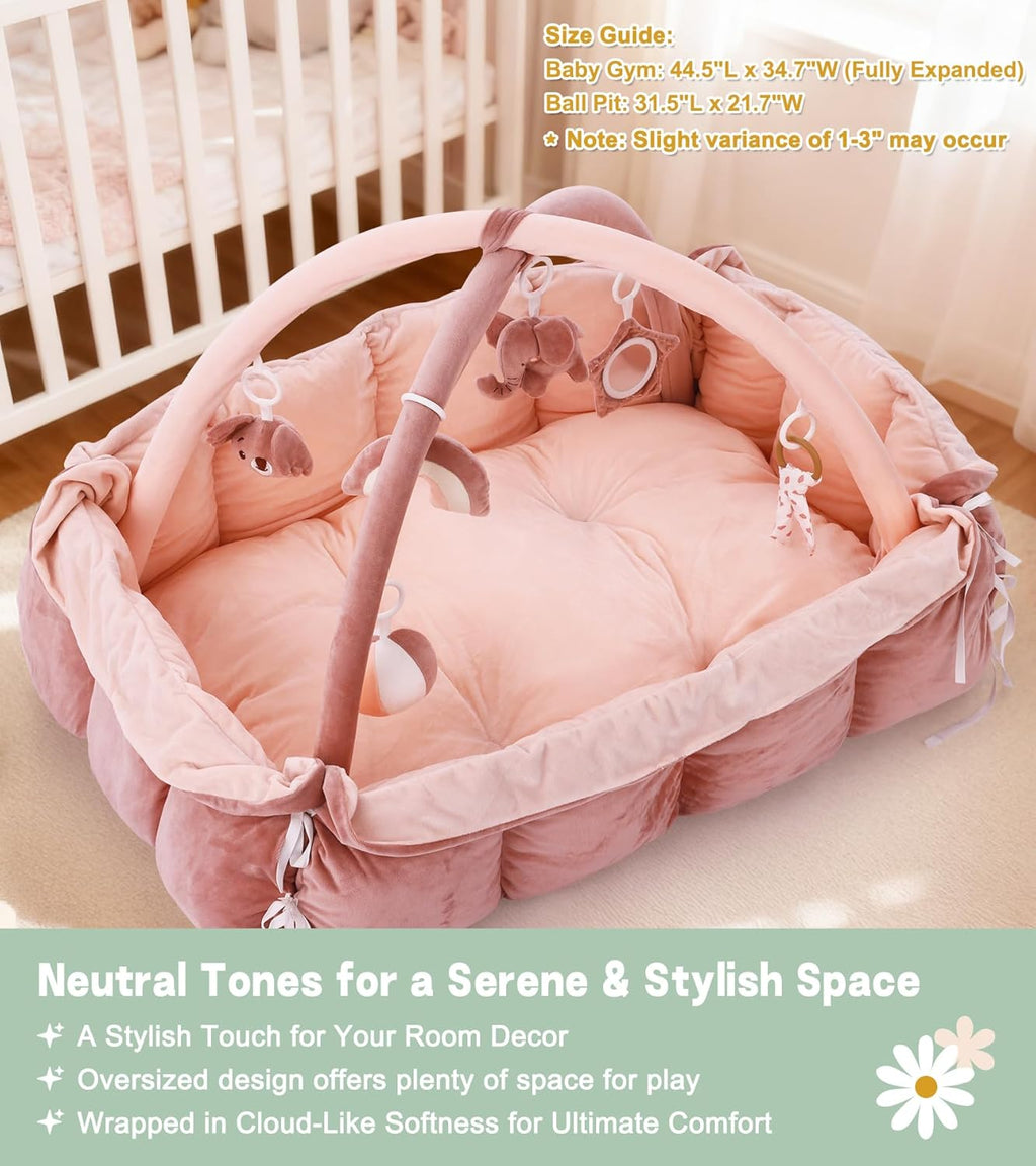 5-in-1 Baby Play Gym and Tummy Time Mat, 12 Learning Cards, Plush Activity Mat with 6 Toys, Baby Gym, Convertible to