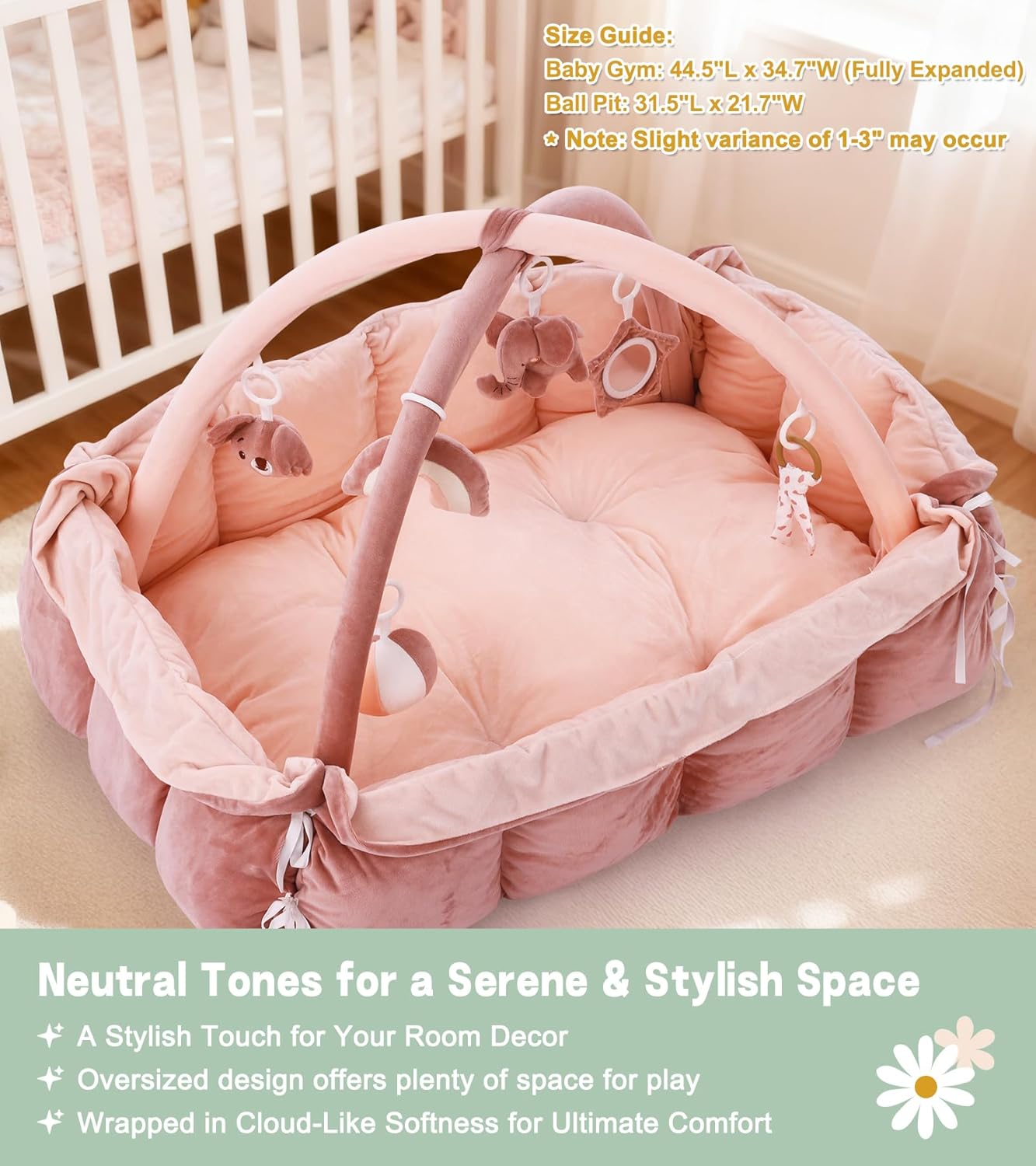 5-in-1 Baby Play Gym and Tummy Time Mat, 12 Learning Cards, Plush Activity Mat with 6 Toys, Baby Gym, Convertible to