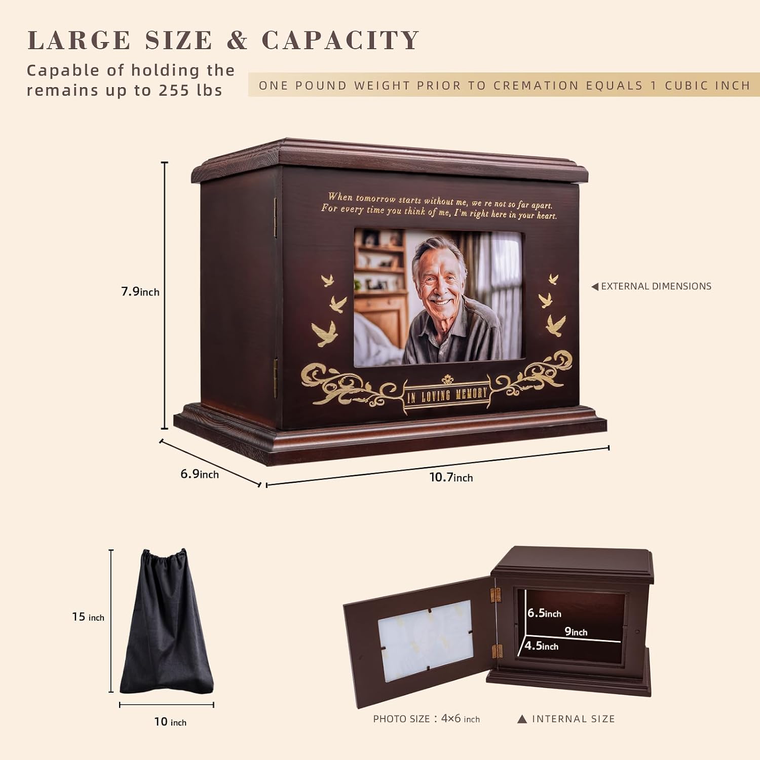 Cremation Urns for Human Ashes, Wooden Urn for Ashes Adult Male Female, Wooden Picture Frame Urns Box and Casket