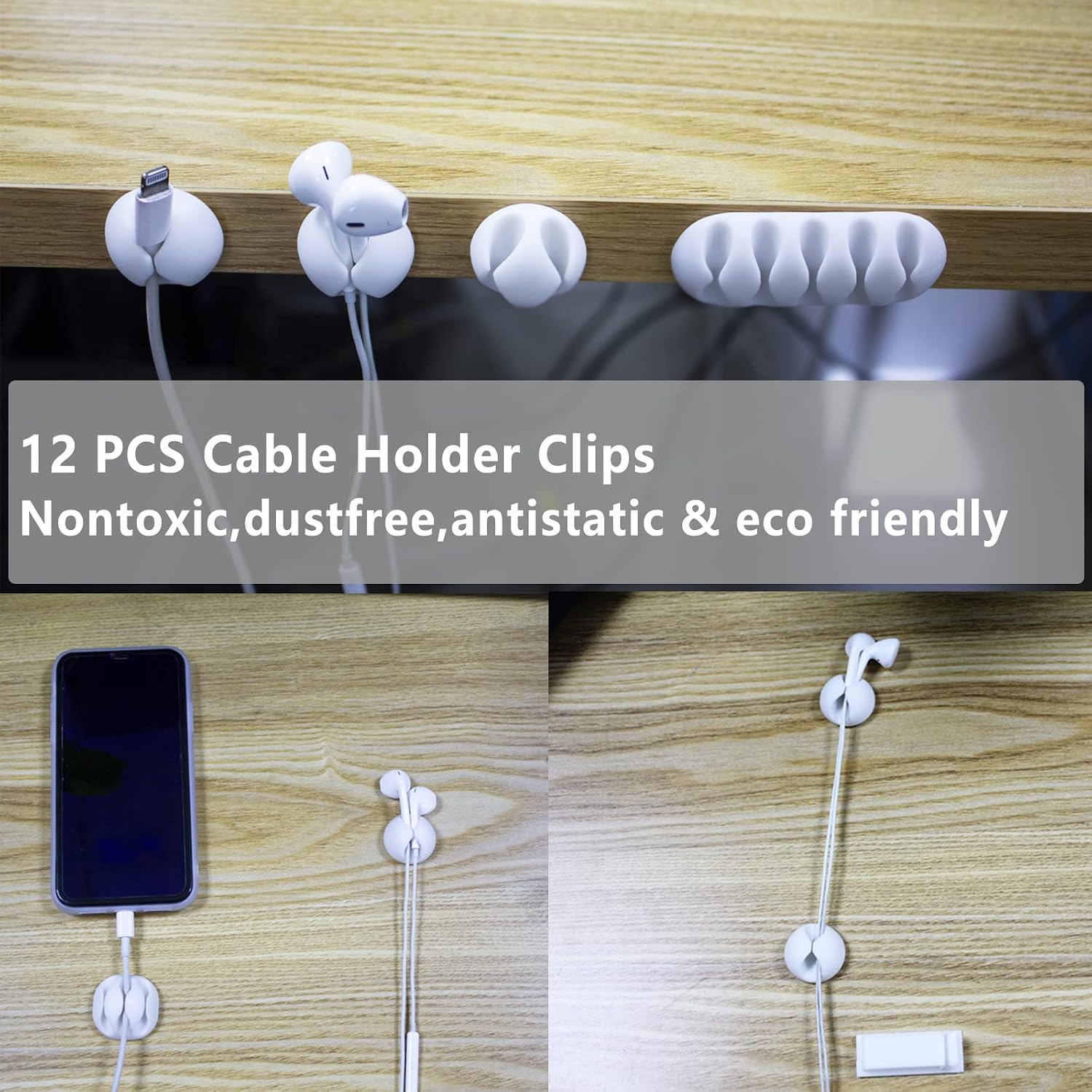 White Cable Management Organizer Kit 4 Cable Sleeve Split,47Cable Clips 12Cord Clips Holder,22 Cable Ties, 20