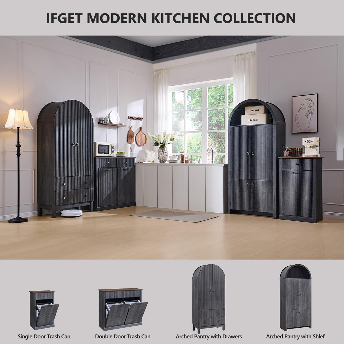 Tilt-Out Trash Can Cabinet, Fluted Laundry Hamper Cabinet, Dark Gray