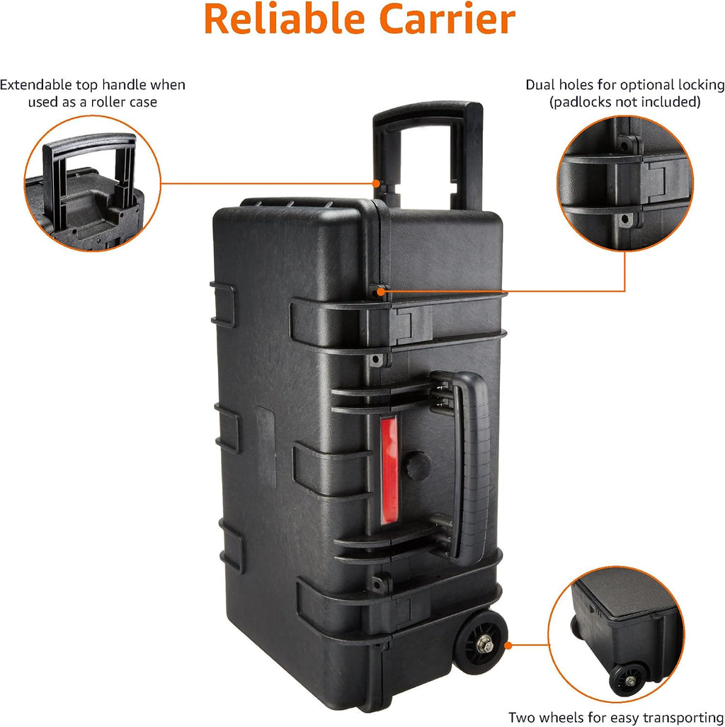 Hard Protective Camera Case with Wheels, Large, Black, 22"L x 14"W x 9.8"H