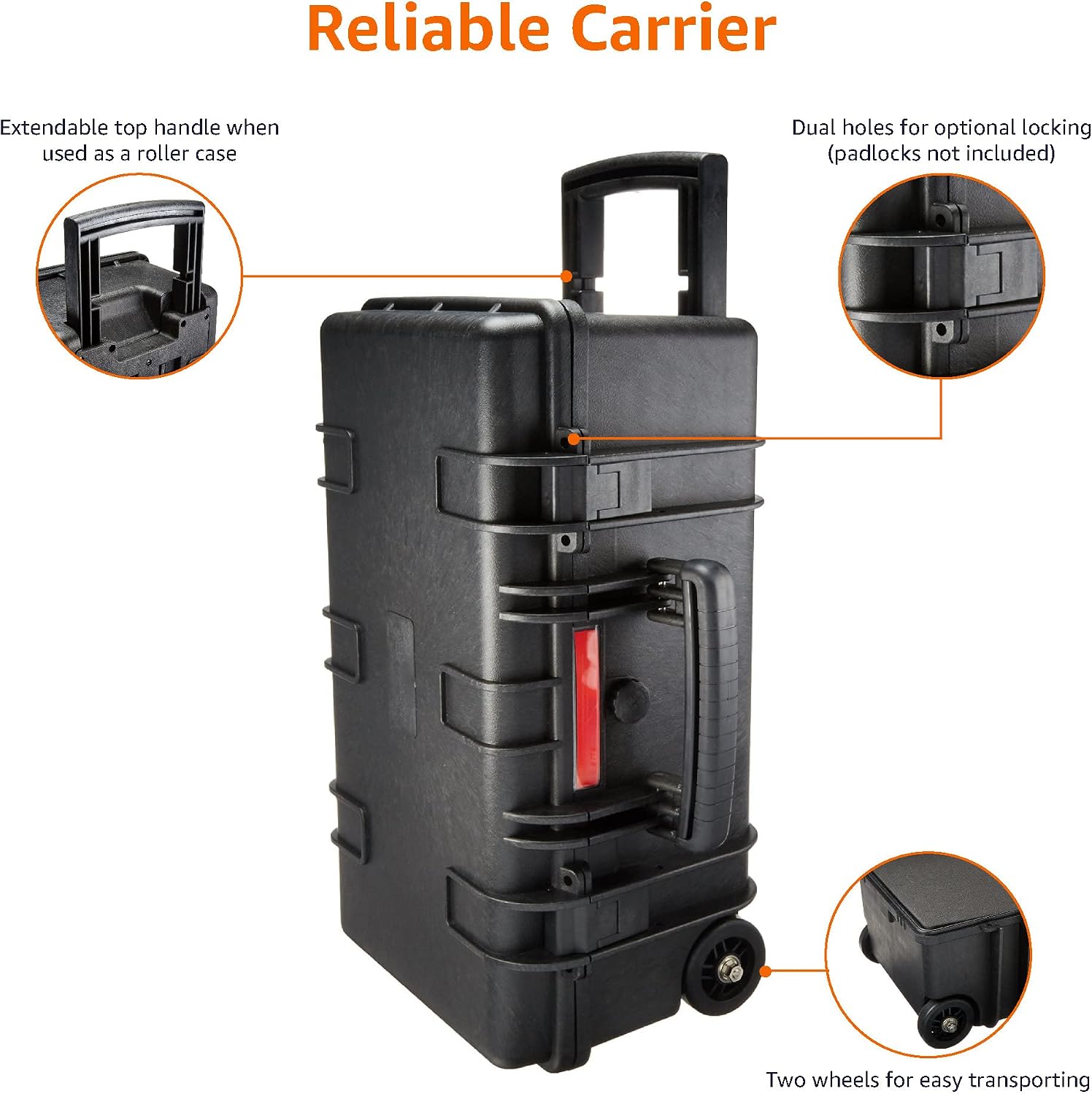 Hard Protective Camera Case with Wheels, Large, Black, 22"L x 14"W x 9.8"H