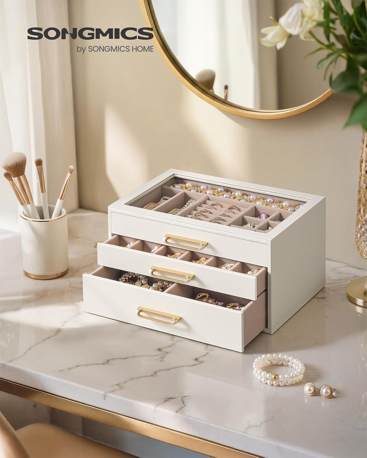 3-Layer Jewelry Box with Glass Window, Jewelry Storage Organizer with 3 Drawers, Golden Handles, for Rings, Earrings