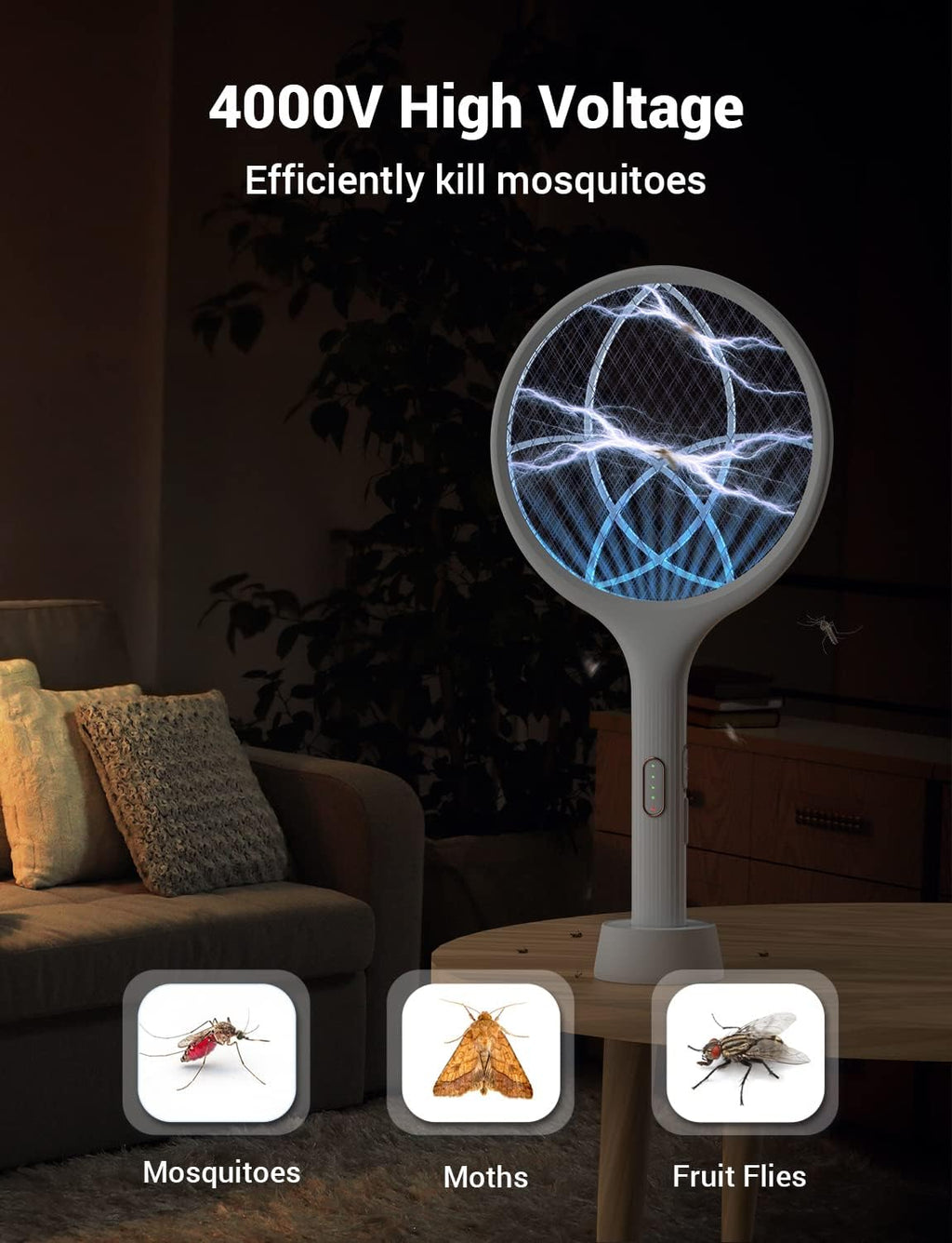 Electric Fly Swatter 4000V Bug Zapper Racket Dual Mode (1, White) | Auto Manual Mode, Purple Attractant Light