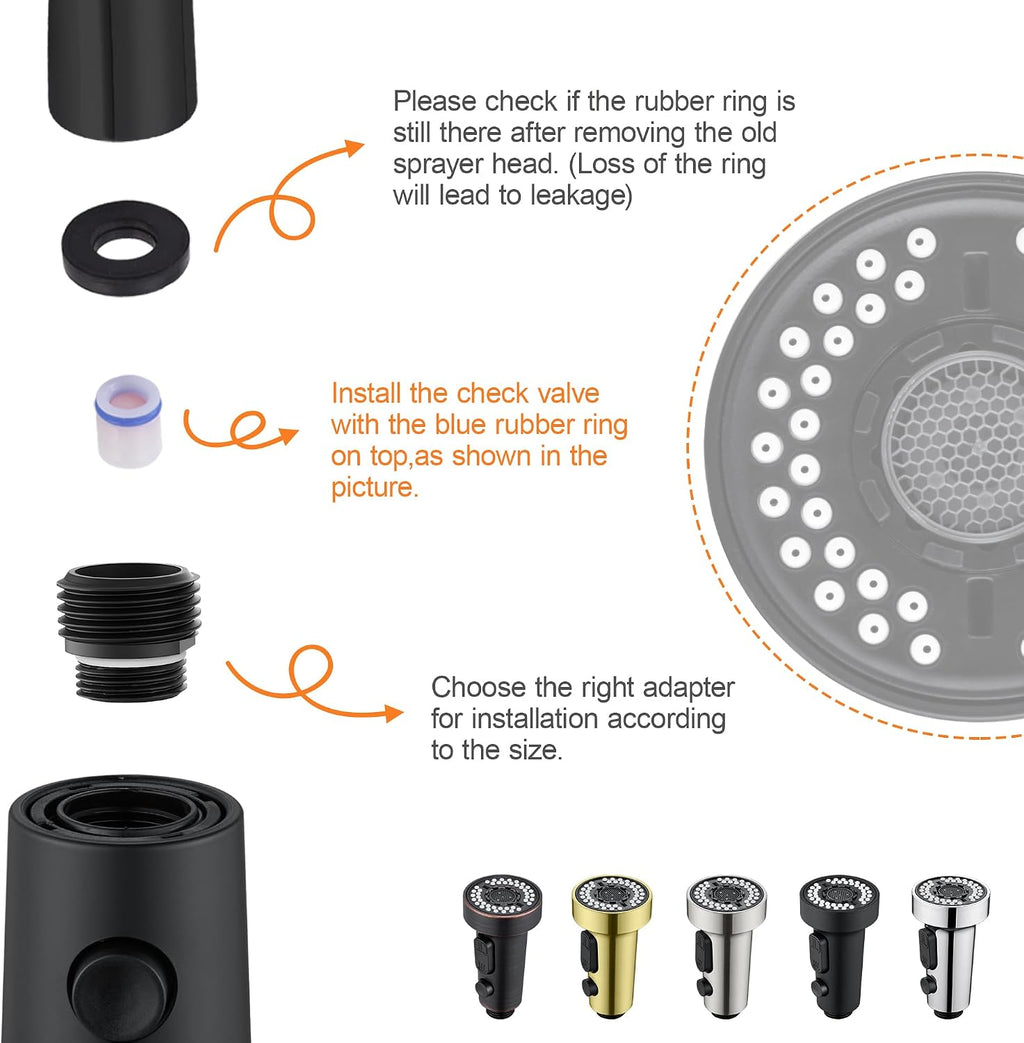 Kitchen Faucet Head Replacement Black, with 15 Adapters Plastic Pull Down Faucet Spray Head, 3 Modes Pull Out Kitchen