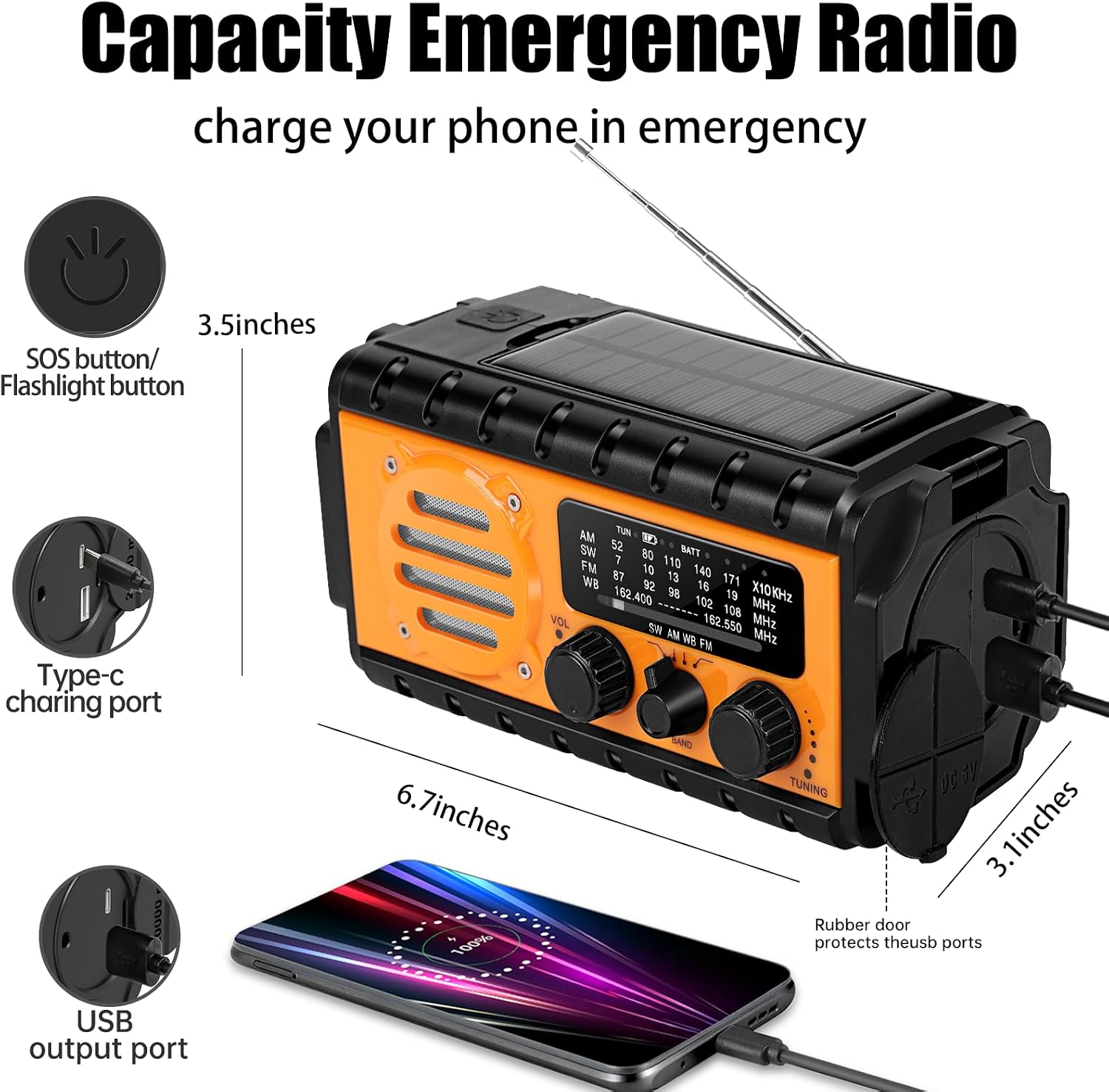 Solar Hand Crank Emergency Radio, 20000mAh AM FM NOAA Weather Radio | Clear radio reception, built‑in LED flashlight