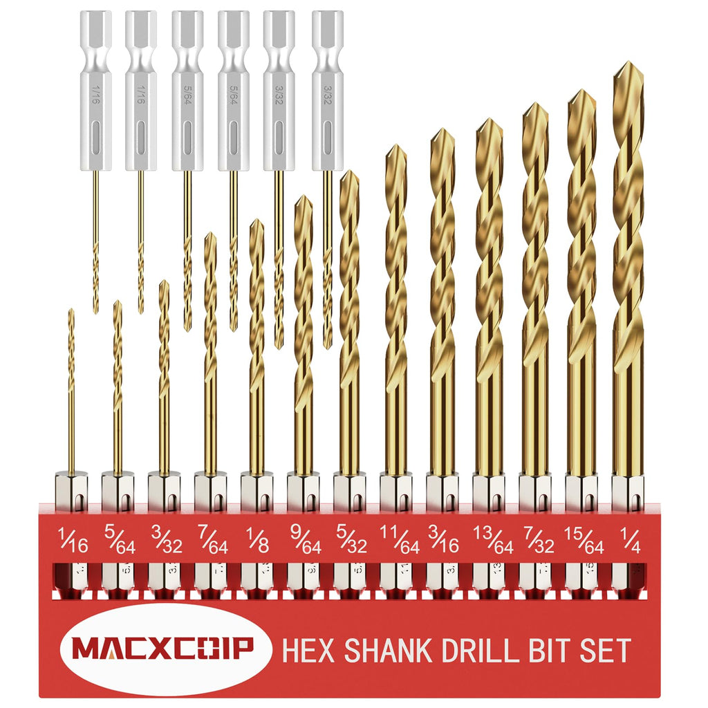 MACXCOIP 19Pcs(1/16" - 1/4") Hex Shank Titanium Twist Drill Bit Set