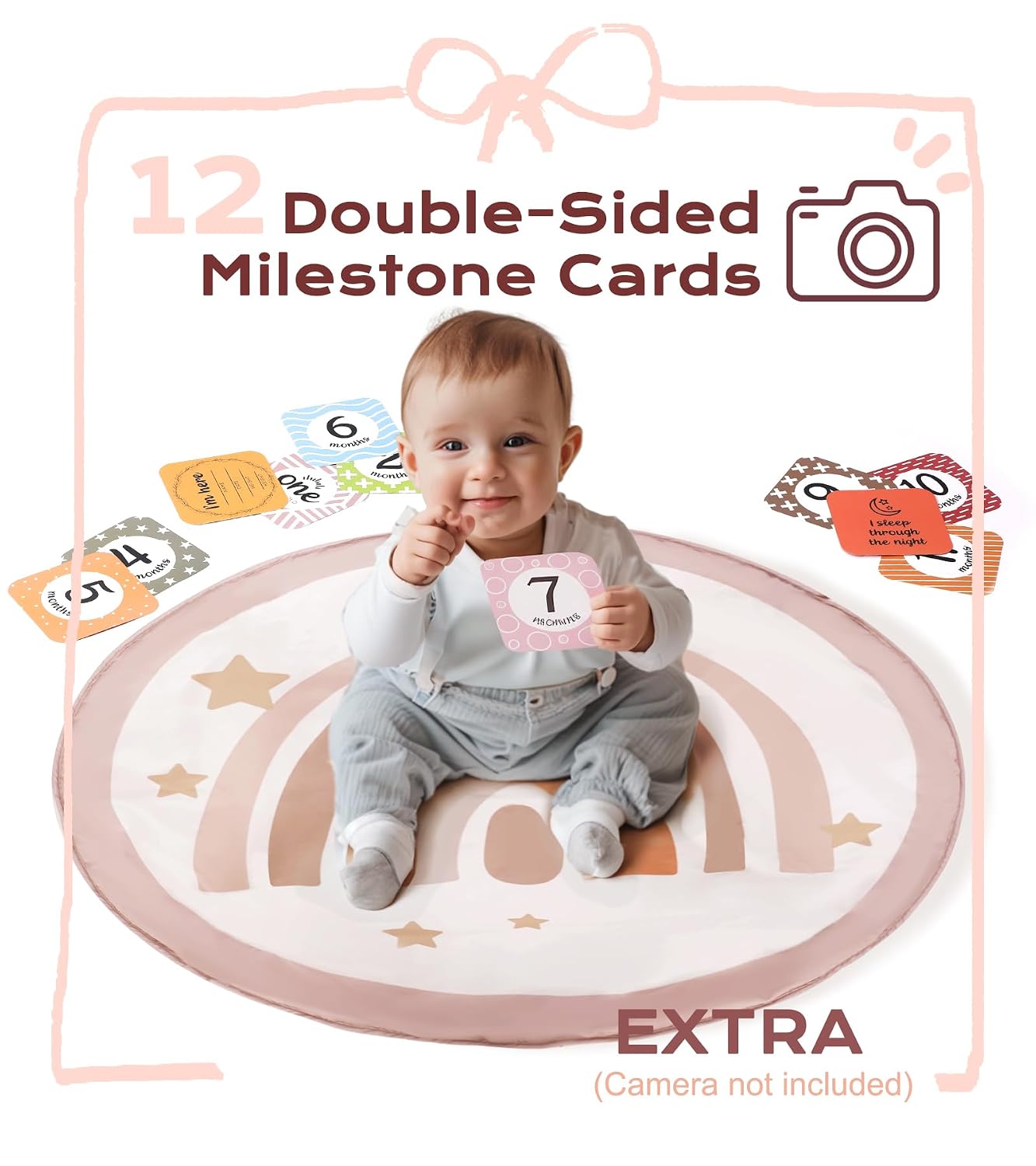 Baby Play Gym Mat, Tummy Time Activity Mat with 7 Detachable Toys and 12 Milestone Cards for Stage-Based Sensory and