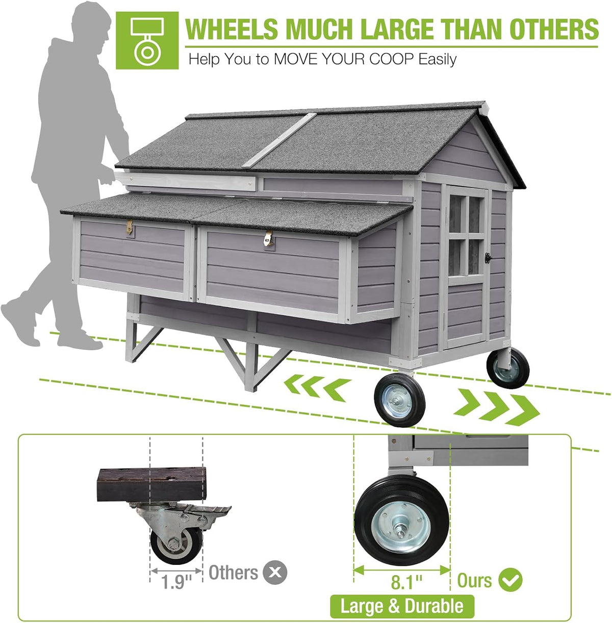 Chicken Coop with Super Large Wheels for 8-10 Chickens Mobile Duck House 68.1" L with Four Nesting Boxes, Four