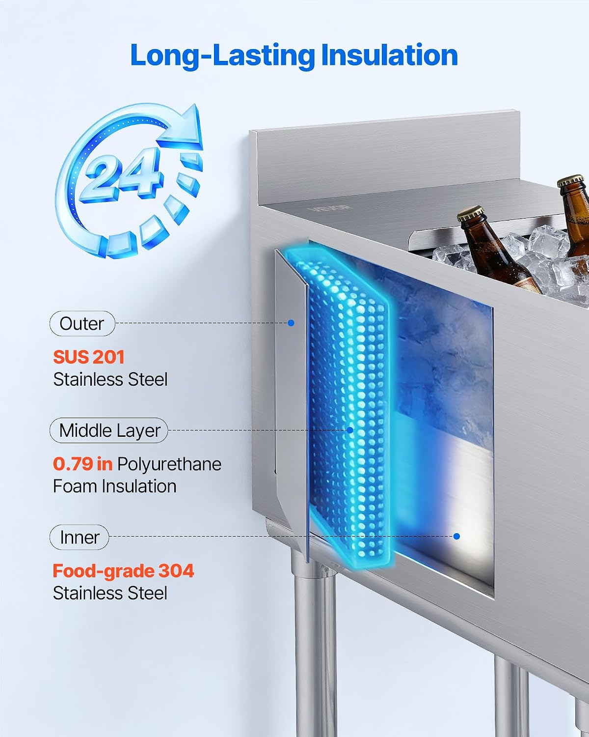 Commercial Ice Bin Stainless Steel Ice Chest with Sliding Lid, 24H Long-Lasting Insulation, Cooler Cart Cocktail Unit