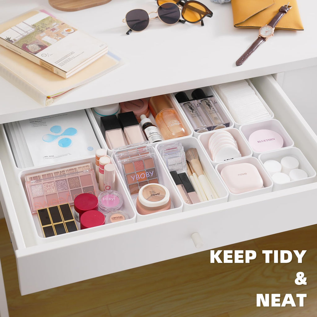 11-Piece Stackable Drawer Organizer Set, Multi-size Desk Drawer Organizer Trays Vanity Storage Bins for Storing
