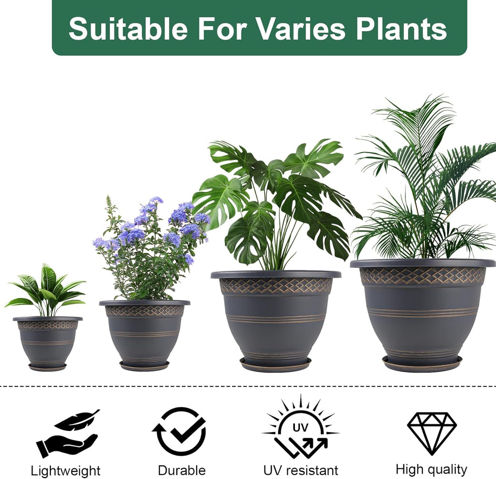 10 Inch Plaid Plant Pots 4 Pack with Drainage and Saucers Copper | Copper plaid PP pots with drainage holes and