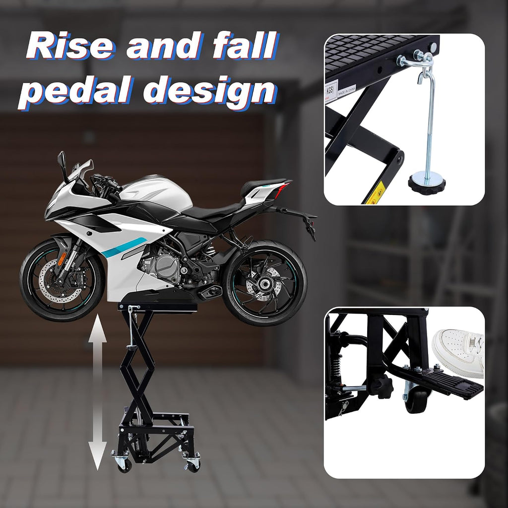 Hydraulic Motorcycle Lift Table, 300 lbs Capacity Motorcycle Scissor Jack Lift with Non-Slip Wide Deck J-Hooks 4