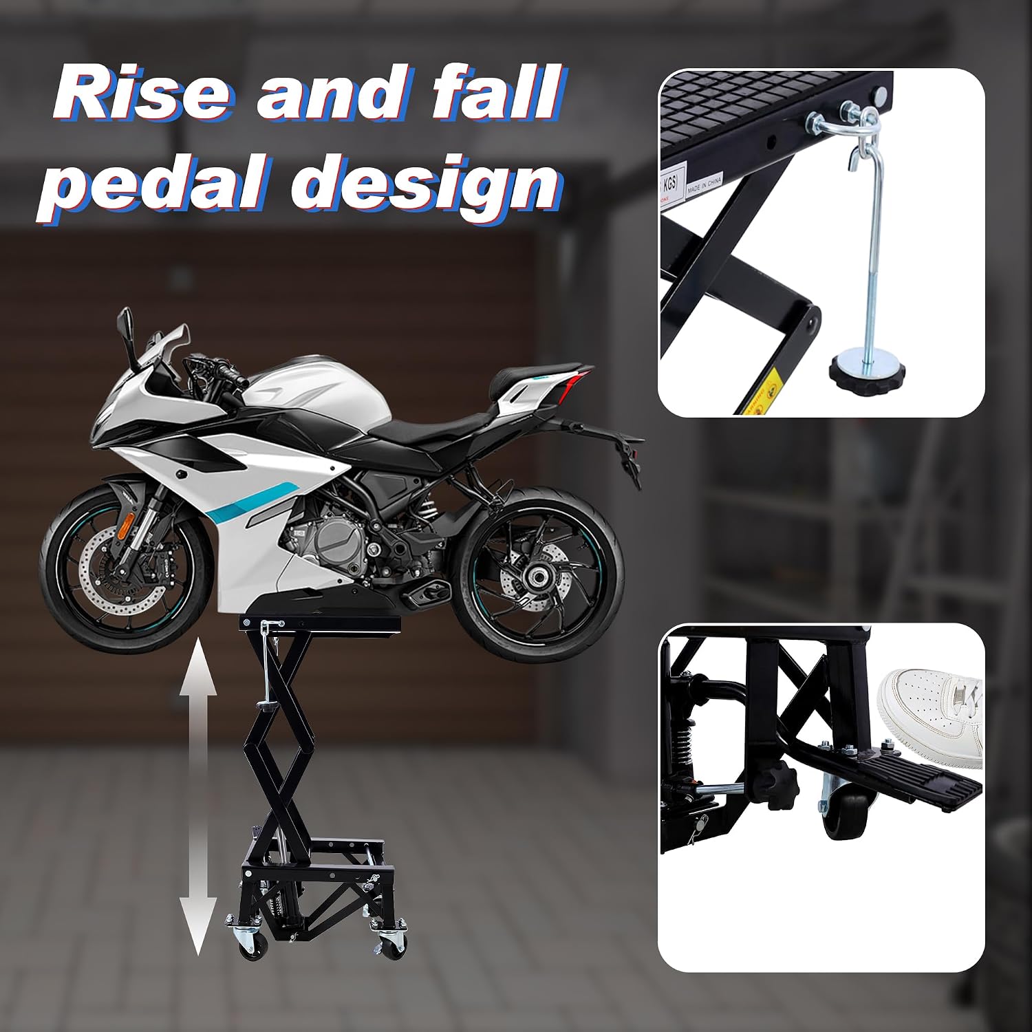 Hydraulic Motorcycle Lift Table, 300 lbs Capacity Motorcycle Scissor Jack Lift with Non-Slip Wide Deck J-Hooks 4