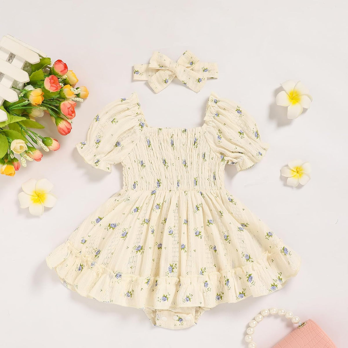 Baby Girl Romper Dress, Puff Sleeve Smocked Outfit with Headband for Infants Soft Cotton Photo Shoot