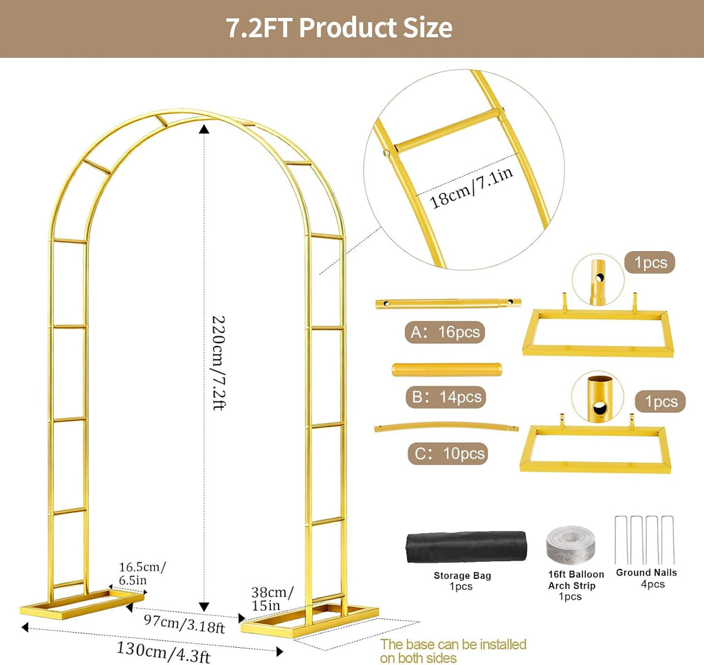 7.2FT Wedding Arch Backdrop Stand Metal Frame Gold Pergola Arbor with Base