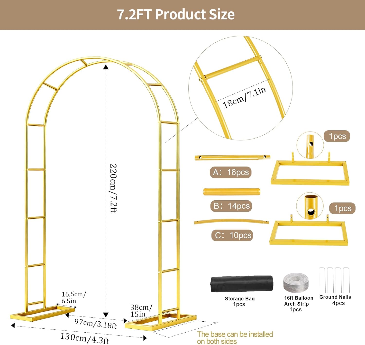 7.2FT Wedding Arch Backdrop Stand Metal Frame Gold Pergola Arbor with Base