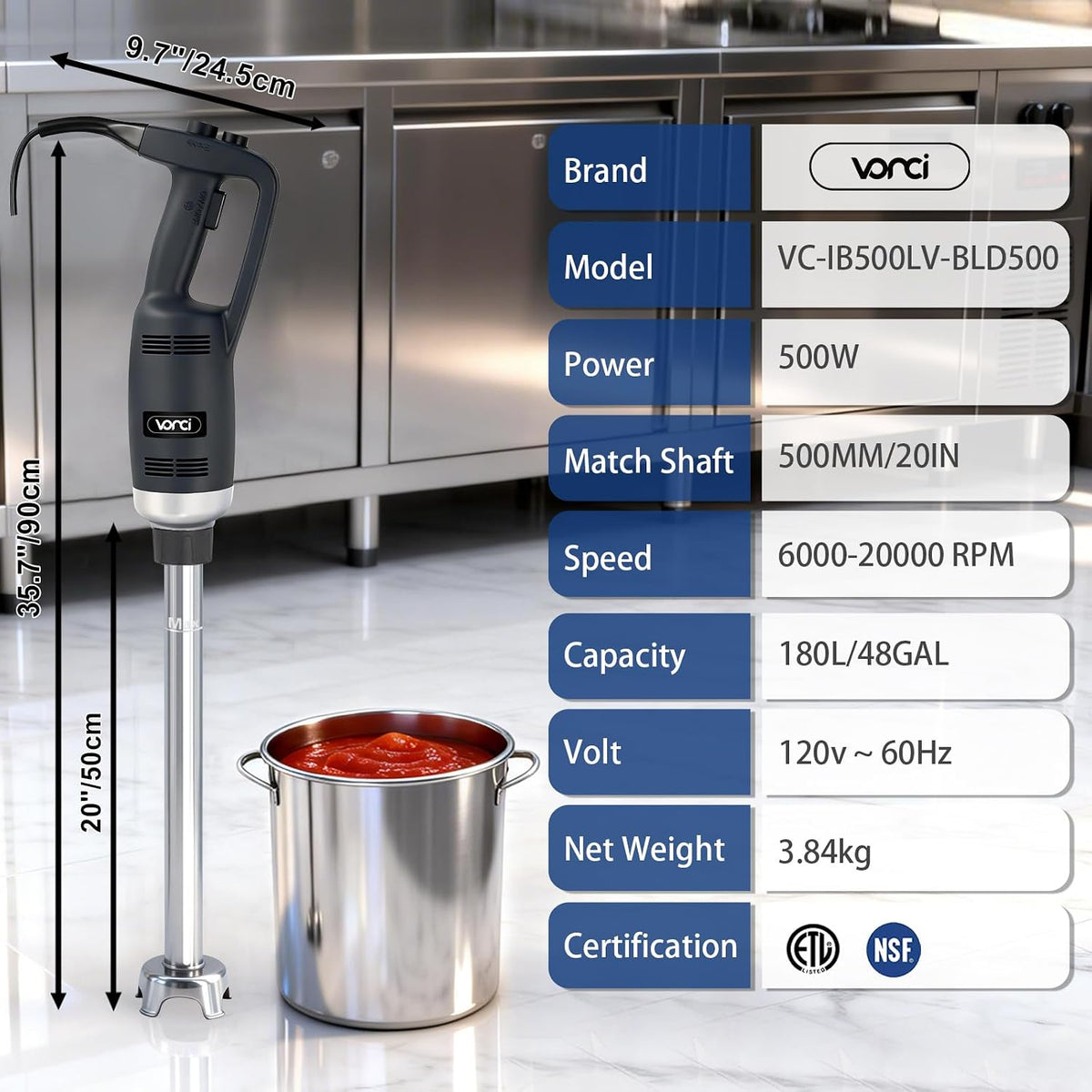 500W Commercial Immersion Blender Handheld, 20" 304 Removable Shaft, Heavy Duty Stick Blender with Variable Speed