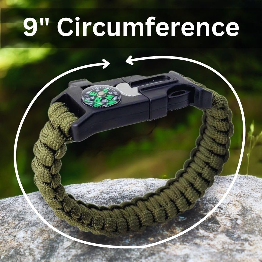 Paracord Rope Bracelet w/Fire Starter, Survival Whistle & Compass - Black & Green - Survival Gear for Camping