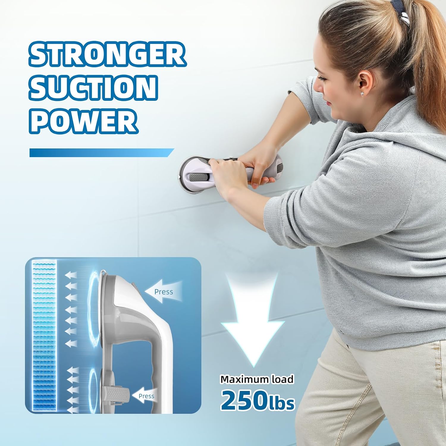 Grab Bars for Bathtubs and Showers, 2 Pack No-Drill Suction Shower Handles with 3 Suction Cups, Removable Bathroom