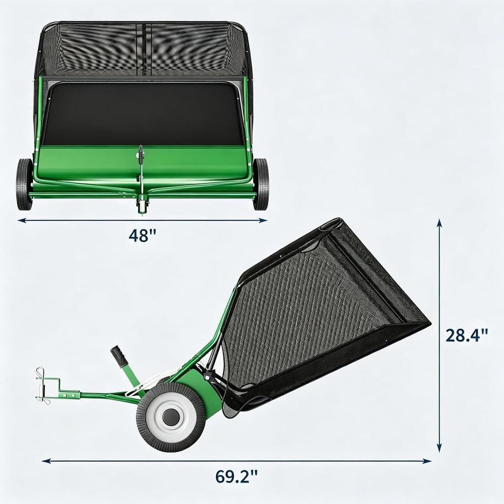 48" Tow Behind Lawn Sweeper, Pull Behind Leaf & Grass Collector for Tractor