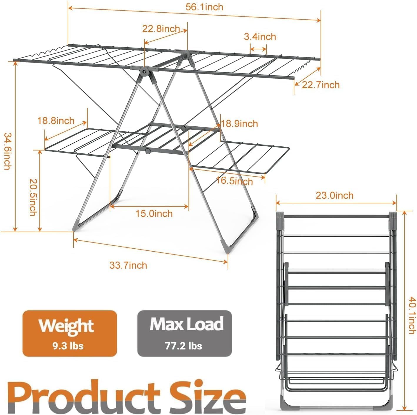 Clothes Drying Rack Foldable, 2-Level Large Laundry Drying Rack Collapsible, Stainless Steel Drying Rack Clothing for