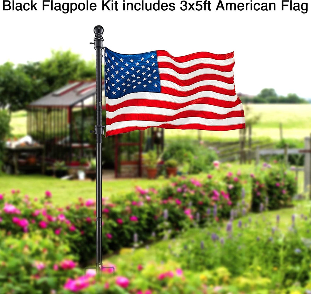 Ground Flag Poles for Outside House inground, Black Outdoor Flag Pole Kit with American Flag, 8ft Portable Yard