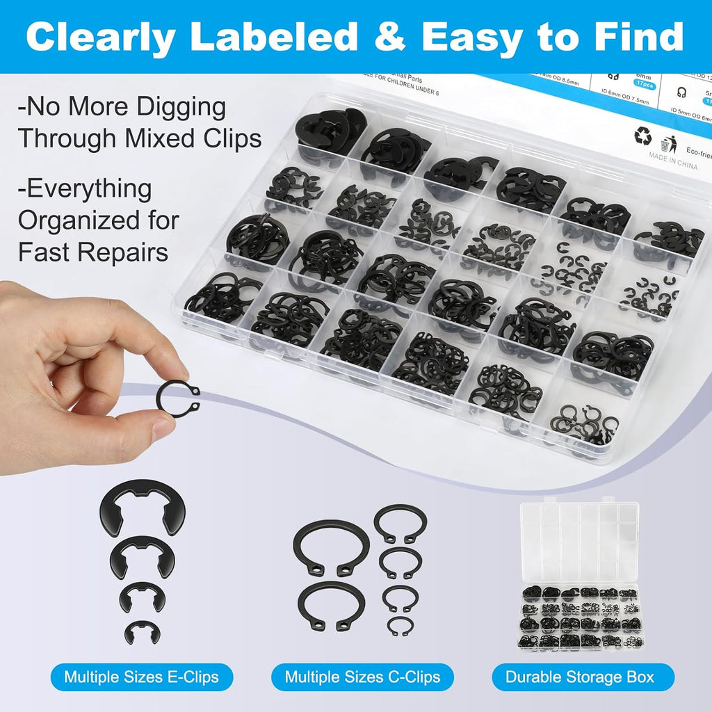 324Pcs C Clips & E Clips Assortment Kit, External Retaining Snap Rings