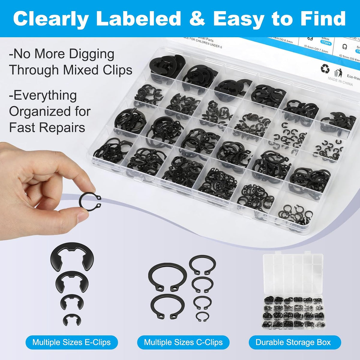 324Pcs C Clips & E Clips Assortment Kit, External Retaining Snap Rings