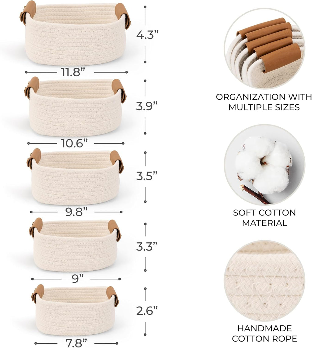 Beautiful Storage Basket Set of 5 - Sturdy Cotton Rope Baskets for Shelves Are Perfect for Organizing Your Home
