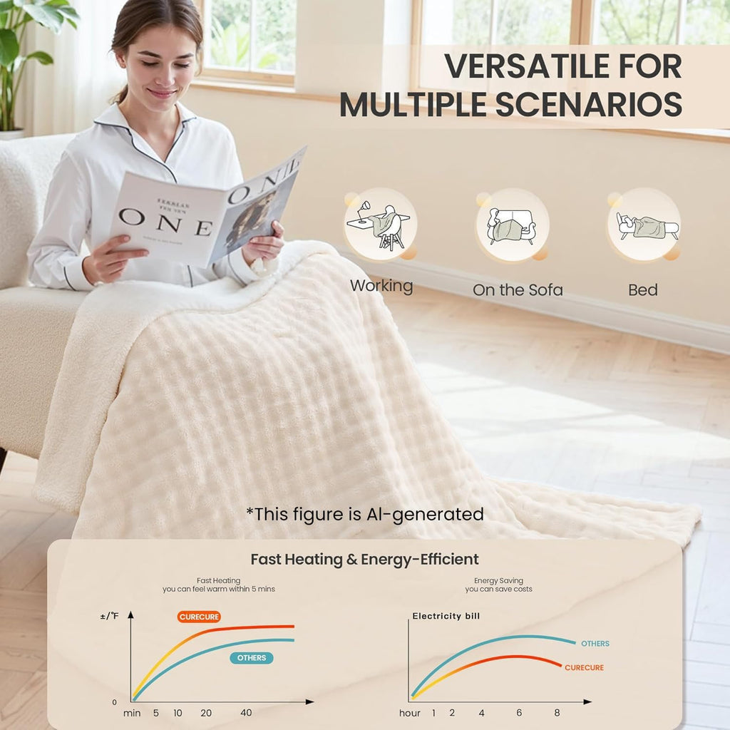 Heated Throw Blanket 50"x72", Electric Blanket with 3D Bubble-Shaped, Soft Flannel and Thickened Sherpa Fleece, 6