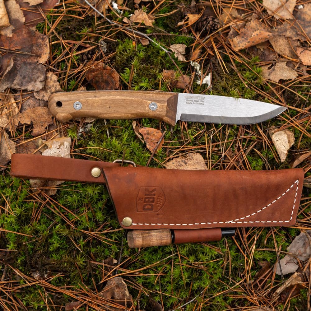 Bushmate 2.0 Designed by DBK - Bushcraft Knife - Fixed-Blade Carbon Steel Knife with Leather Sheath & Firestarter