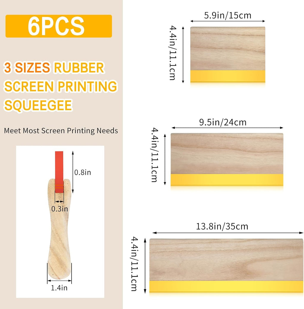 6 Pcs Rubber Screen Printing Squeegee Wooden Ink Scraper 75 Durometer Silk Stencil Screen Printing Squeegee for