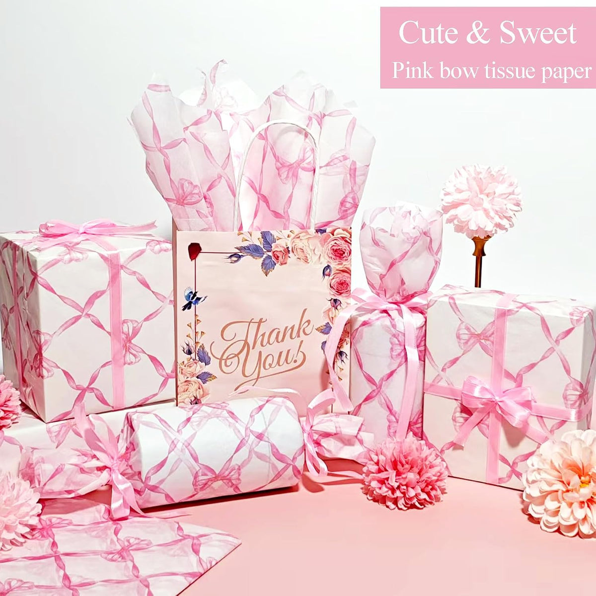 Pink Bow Tissue Paper, Cute Girly Gift Wrapping Tissue Paper For Gift Bags Packaging, Matte Gift Wrap Tissue For