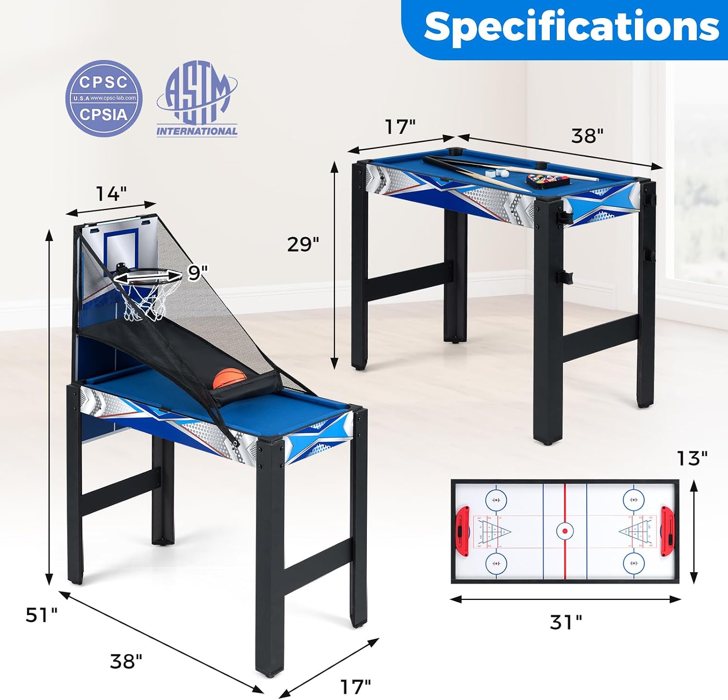 6-in-1 Multi Game Table, Combo Game Table w/Basketball, Billiards, Ping Pong, Hockey, Shuffleboard, Bowling, Adults