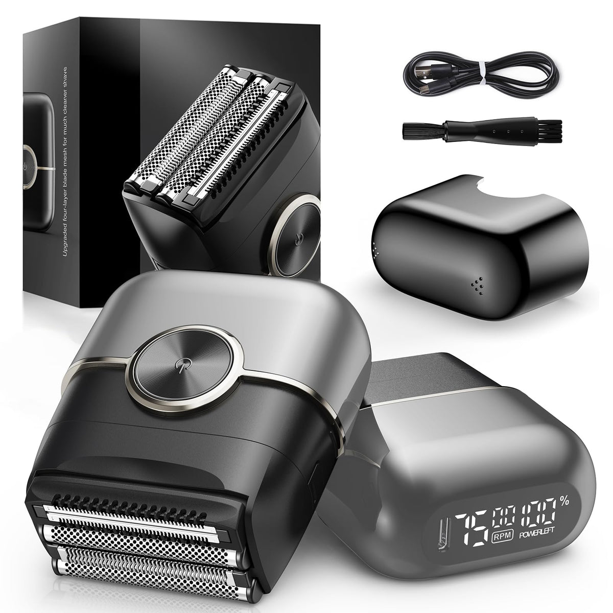 Electric Foil Shavers for Men: 4 Floating Blades & Big LED Display - Grey
