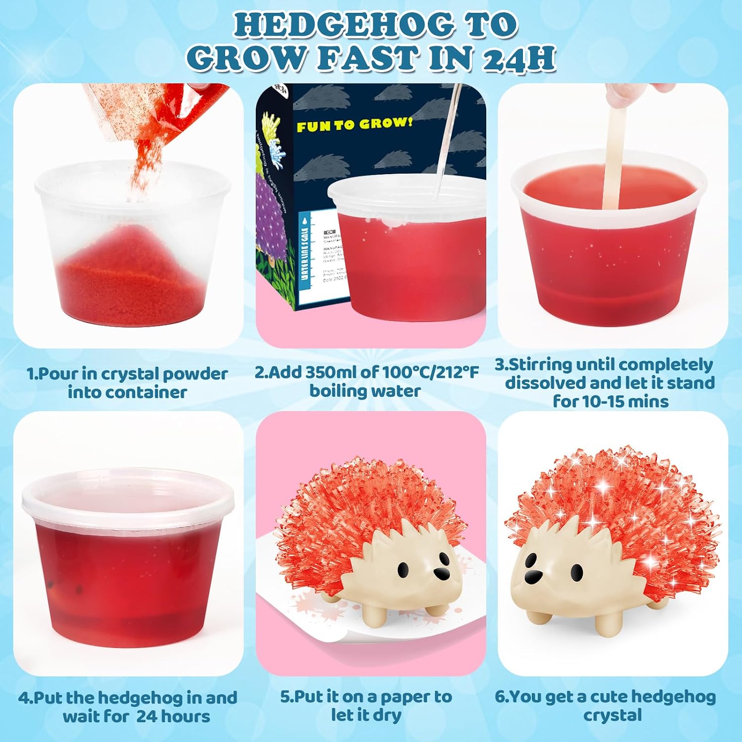 Crystal Growing Kit for Kids - 4 Colors Hedgehog to Grow Fast in (24H),Science Experiments Learning & Educational