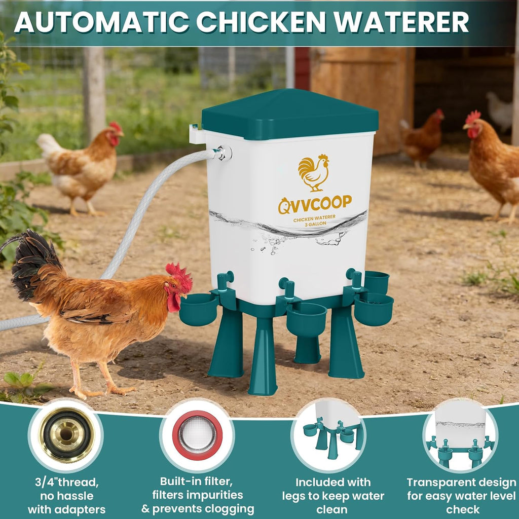 3 Gallon Automatic Chicken Waterer with Float Valve, Water Contatiner Cup Dispenser for Chicken, Float Controlled