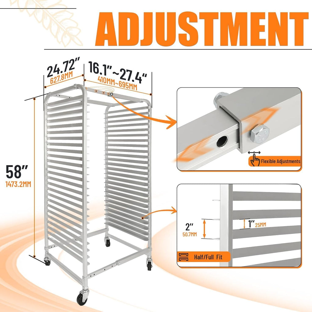 Adjustable Bun Pan Rack 25 Tier with Brake Wheels, Bakery Sheet Rack