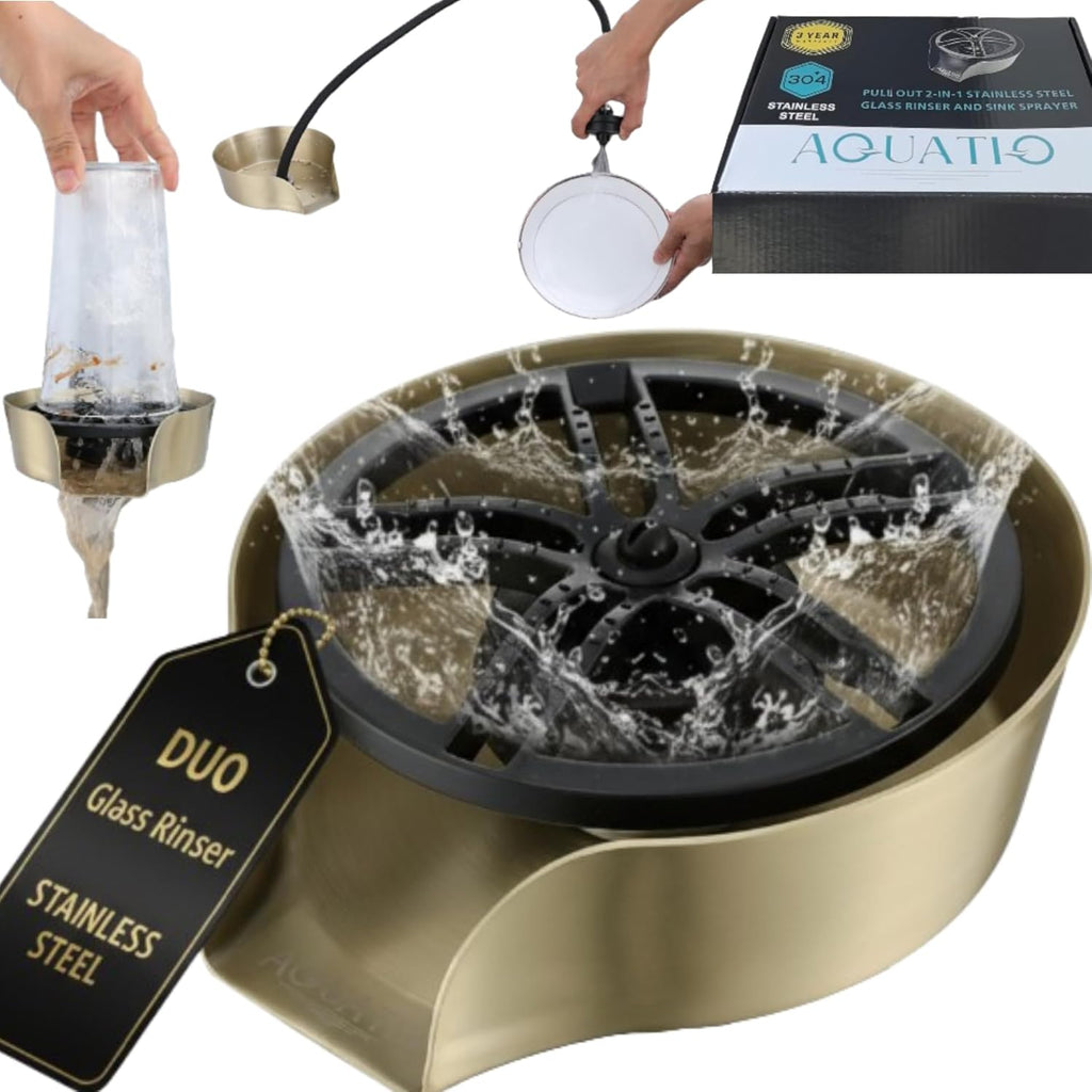 AquaDuo Glass Rinser and Kitchen Sink Sprayer Combo, Stainless Steel Cup Washer, Cup Cleaner for Sink, Bar Glass