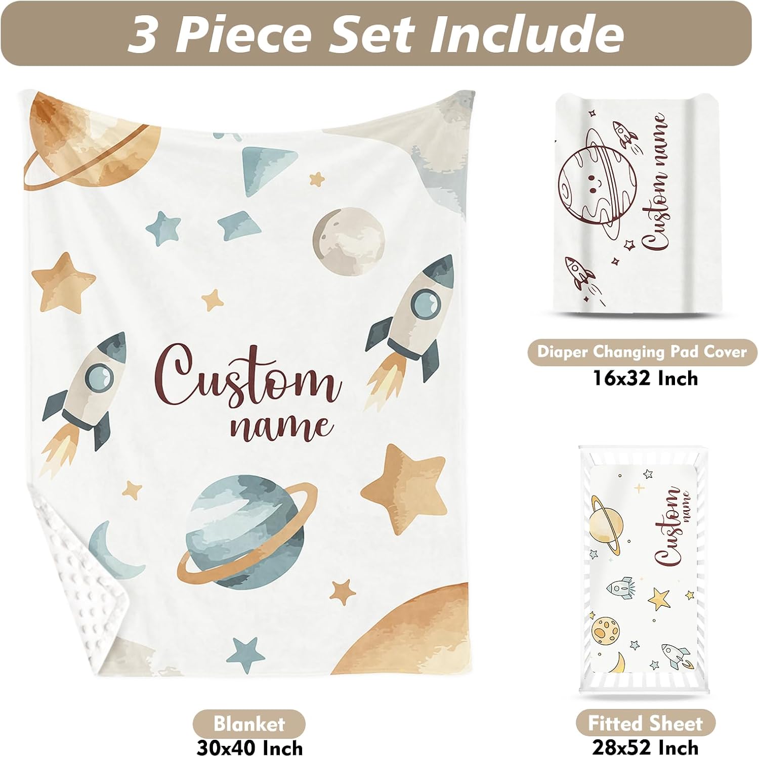 Personalized Baby Crib Bedding Set – Planet Space Theme Nursery Bedding Sets 3 Piece with Custom Name Blanket, Fitted