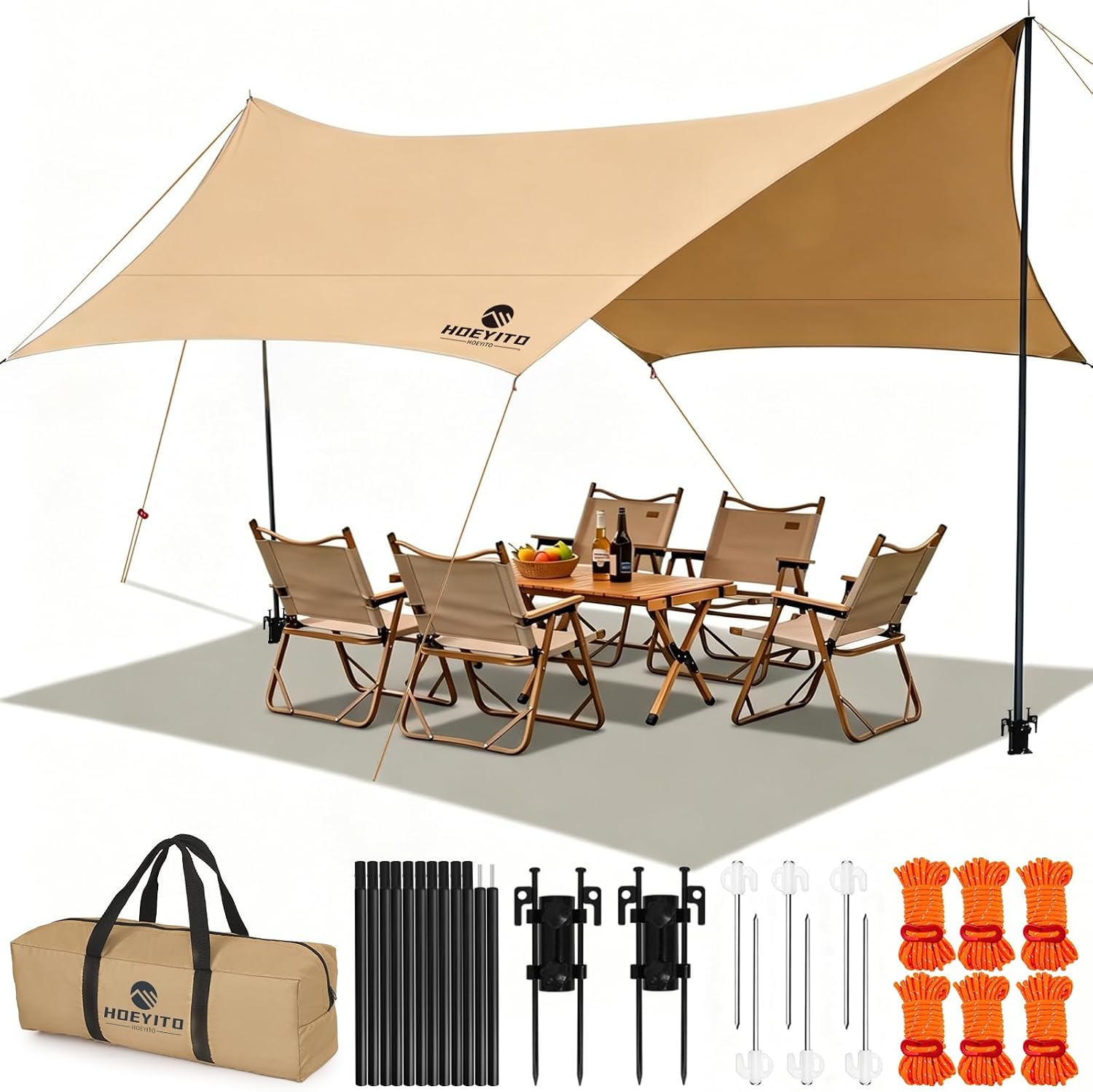 Camping Tarp with Poles & Retainer, 14.5x11FT PU9000mm Waterproof 210D Oxford Cloth Camping Awning, UV Blocking Rate